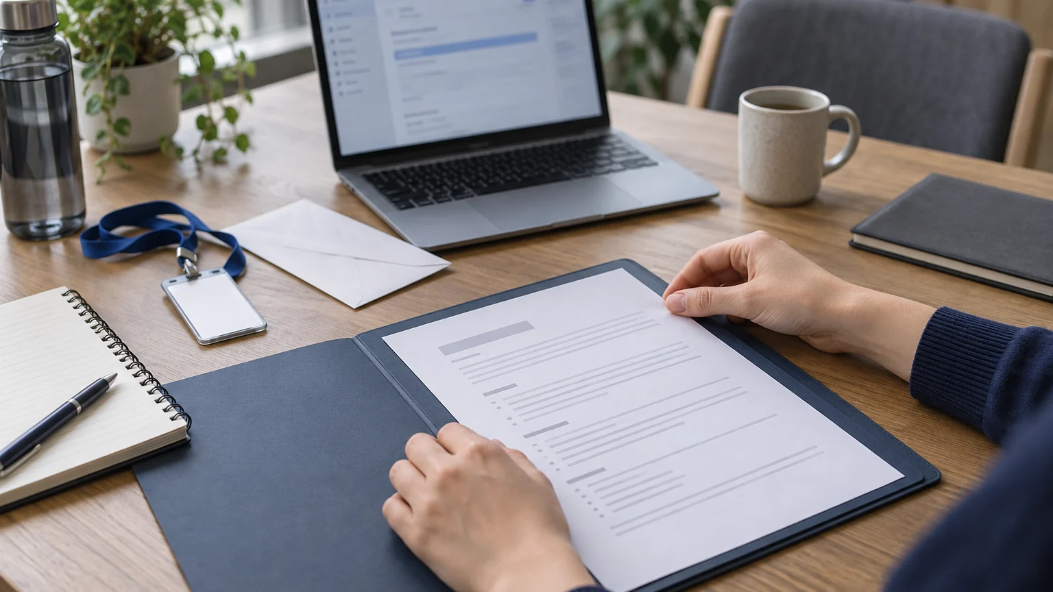 An illustrative scene of a job applicant reviewing recruitment documents