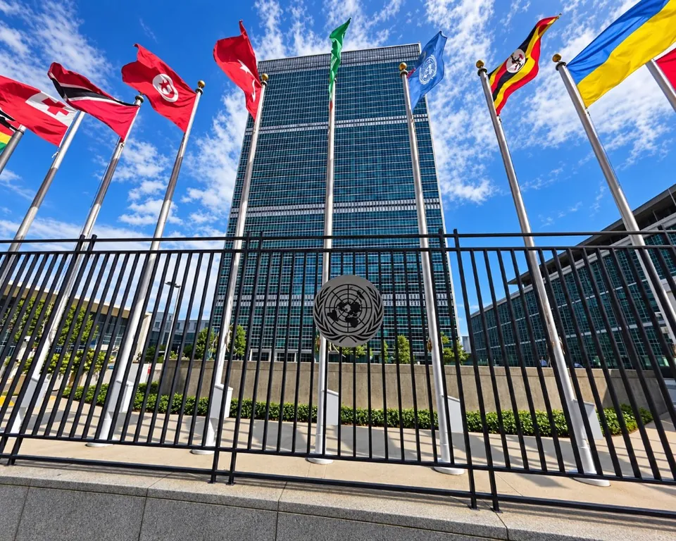 United Nations Headquarters building and member-state flags
